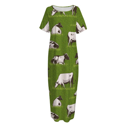 Cow On Green Grass Pattern Print Short Sleeve Long Nightdress