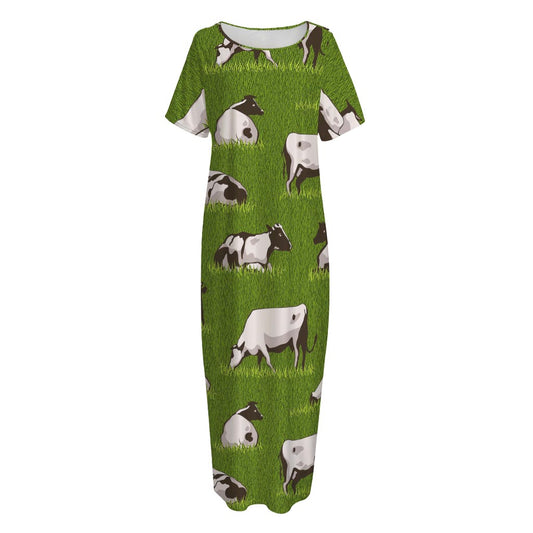 Cow On Green Grass Pattern Print Short Sleeve Long Nightdress