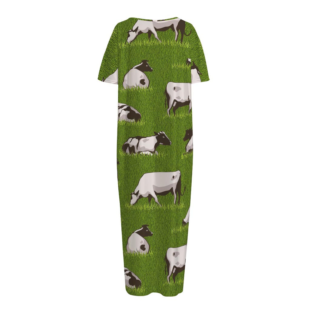 Cow On Green Grass Pattern Print Short Sleeve Long Nightdress