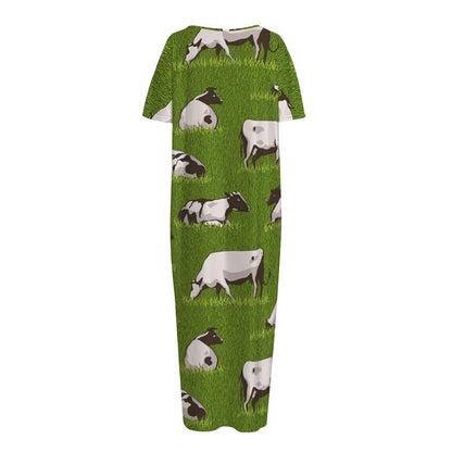 Cow On Green Grass Pattern Print Short Sleeve Long Nightdress