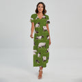 Cow On Green Grass Pattern Print Short Sleeve Maxi Dress