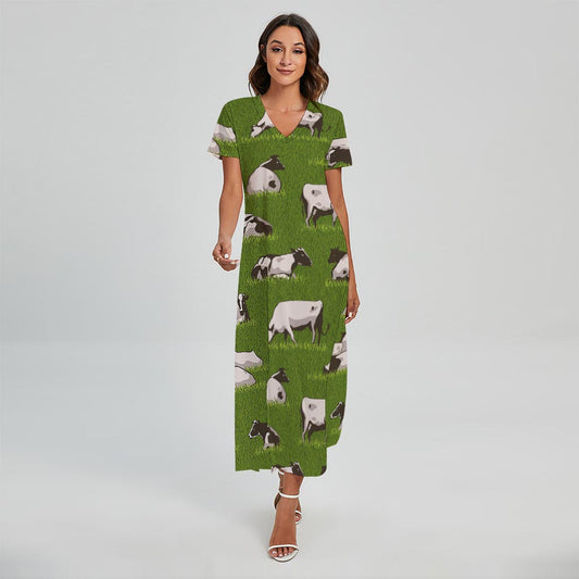 Cow On Green Grass Pattern Print Short Sleeve Maxi Dress