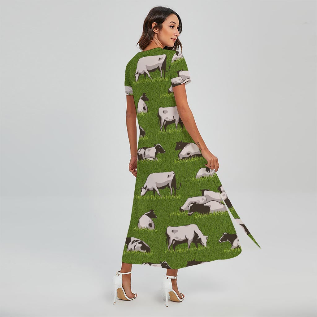 Cow On Green Grass Pattern Print Short Sleeve Maxi Dress