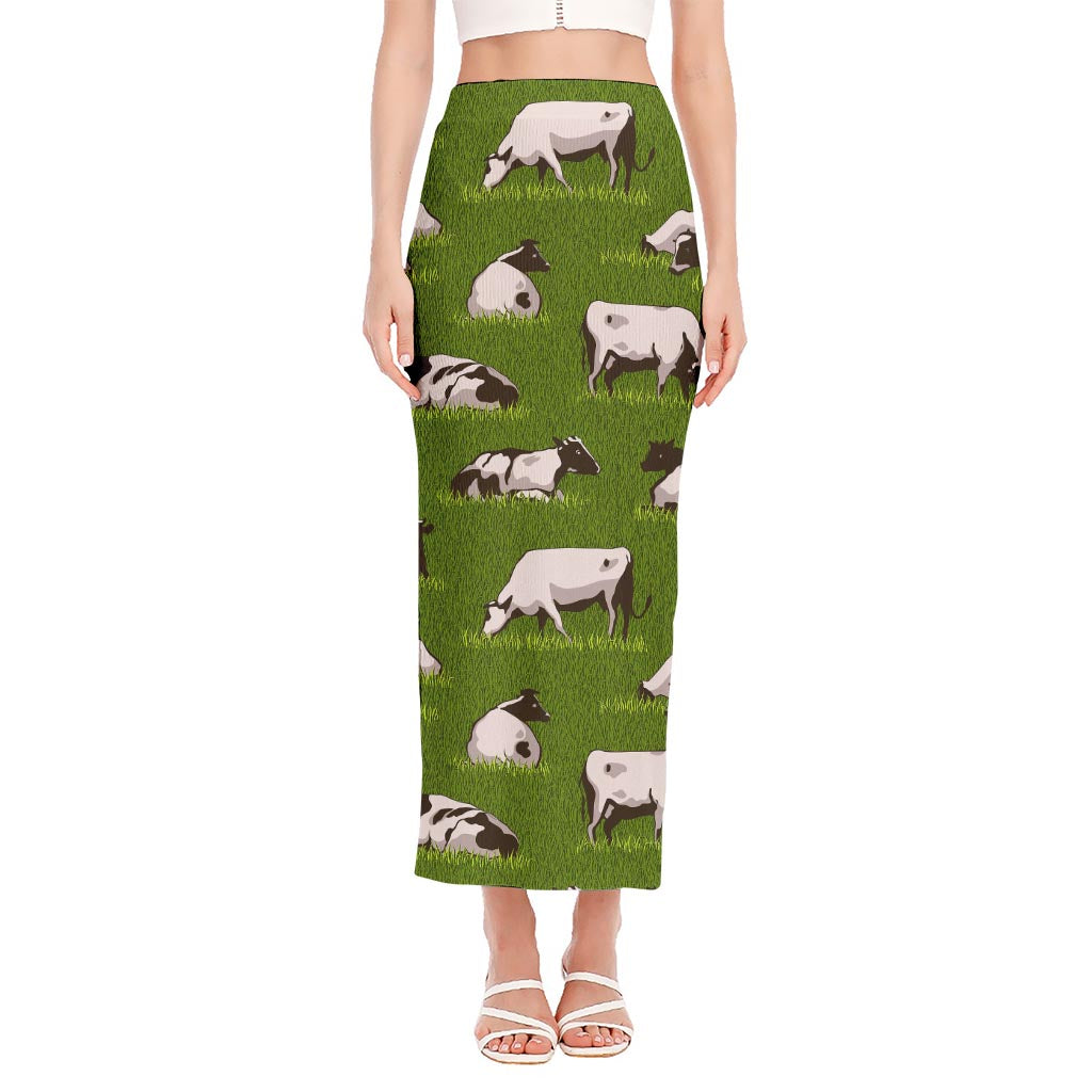 Cow On Green Grass Pattern Print Side Slit Maxi Skirt