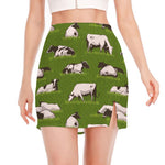 Cow On Green Grass Pattern Print Side Slit Mini Skirt