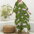 Cow On Green Grass Pattern Print Silk V-Neck Kaftan Dress