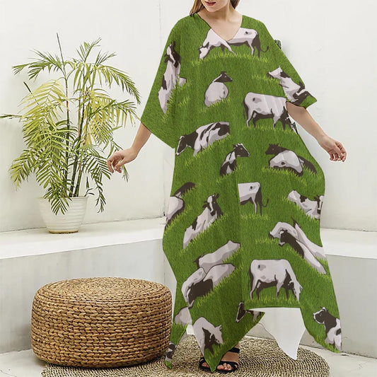 Cow On Green Grass Pattern Print Silk V-Neck Kaftan Dress