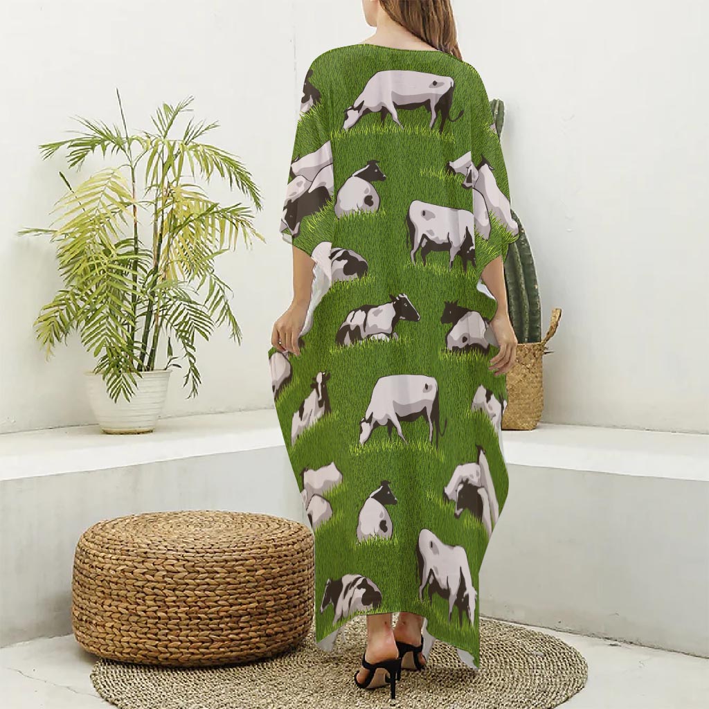 Cow On Green Grass Pattern Print Silk V-Neck Kaftan Dress