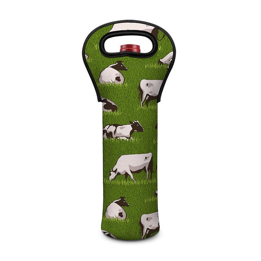 Cow On Green Grass Pattern Print Single Neoprene Wine Tote
