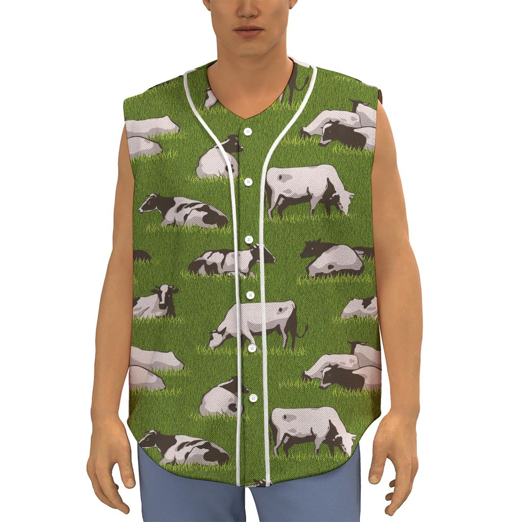 Cow On Green Grass Pattern Print Sleeveless Baseball Jersey