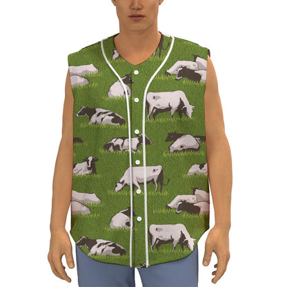 Cow On Green Grass Pattern Print Sleeveless Baseball Jersey