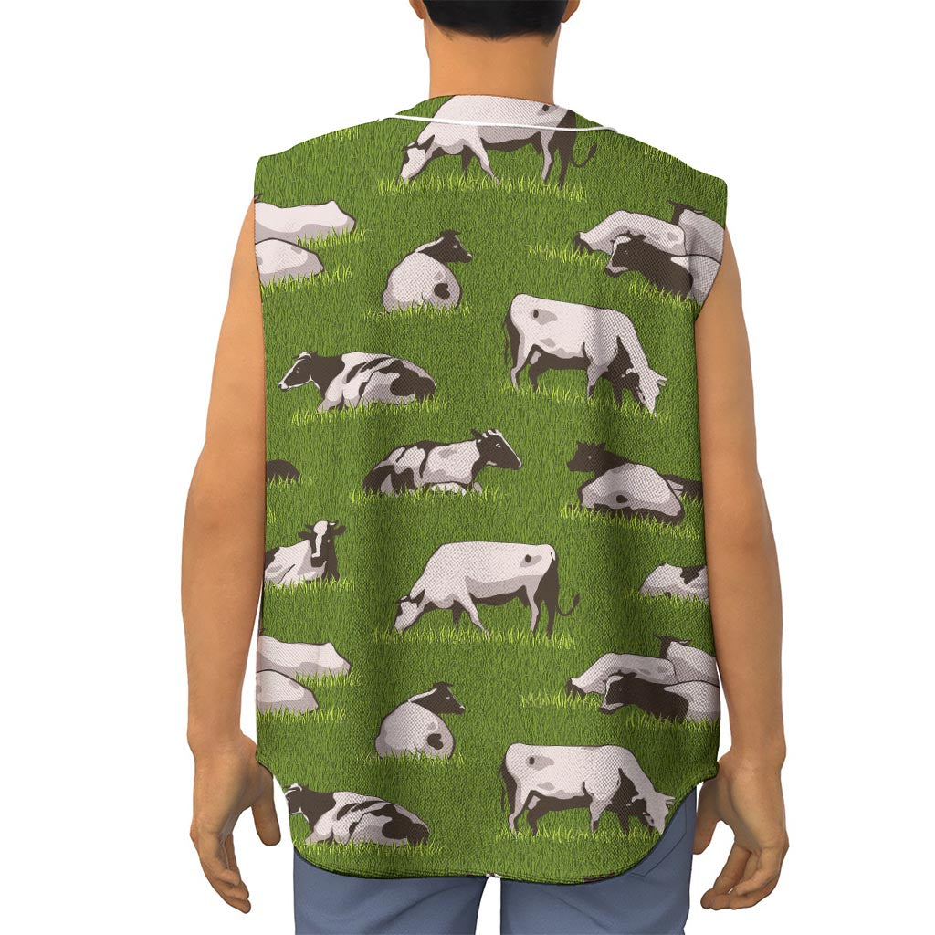 Cow On Green Grass Pattern Print Sleeveless Baseball Jersey