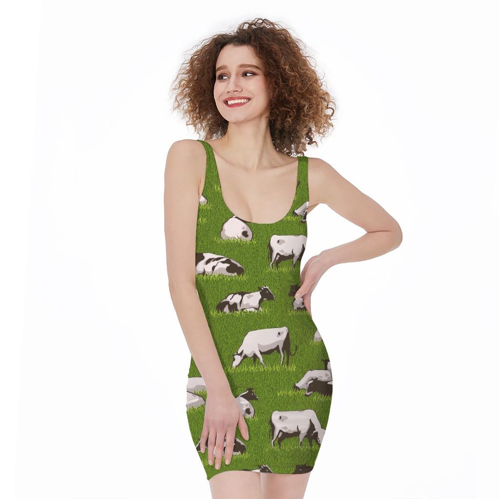 Cow On Green Grass Pattern Print Sleeveless Bodycon Dress