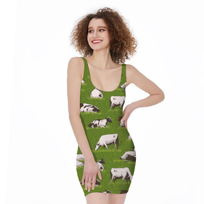Cow On Green Grass Pattern Print Sleeveless Bodycon Dress