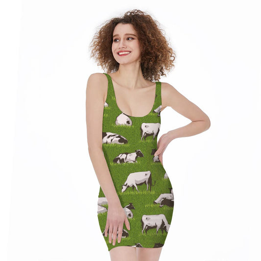 Cow On Green Grass Pattern Print Sleeveless Bodycon Dress
