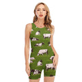 Cow On Green Grass Pattern Print Sleeveless One Piece Swimsuit