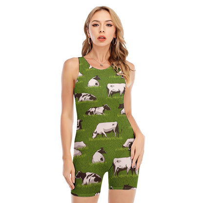Cow On Green Grass Pattern Print Sleeveless One Piece Swimsuit