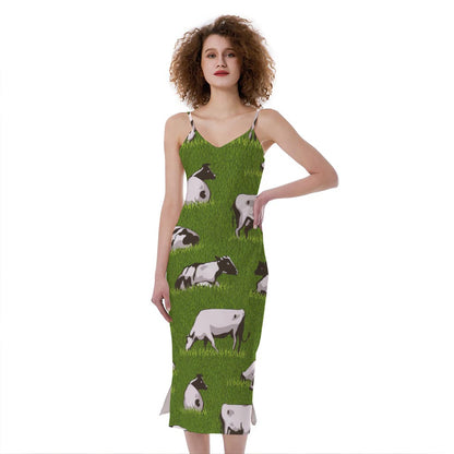 Cow On Green Grass Pattern Print Slim Fit Midi Cami Dress