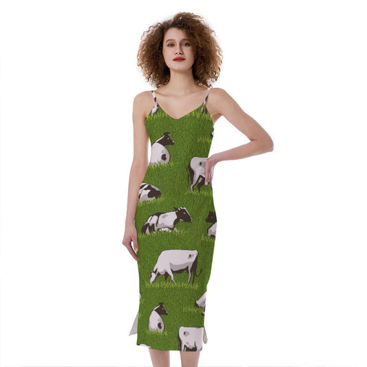 Cow On Green Grass Pattern Print Slim Fit Midi Cami Dress