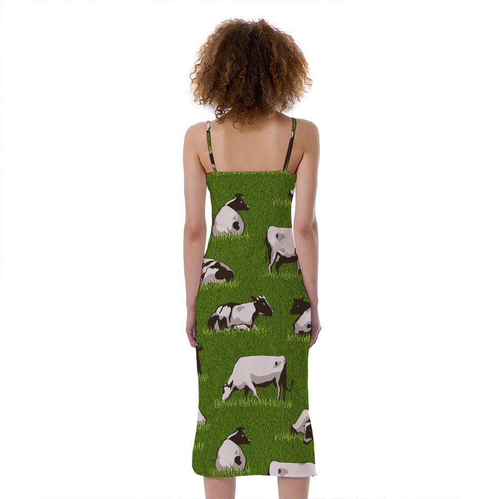 Cow On Green Grass Pattern Print Slim Fit Midi Cami Dress