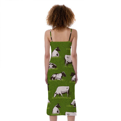 Cow On Green Grass Pattern Print Slim Fit Midi Cami Dress