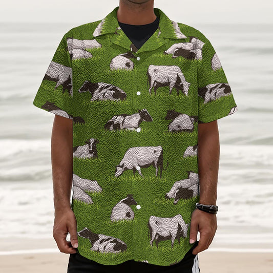 Cow On Green Grass Pattern Print Textured Short Sleeve Shirt
