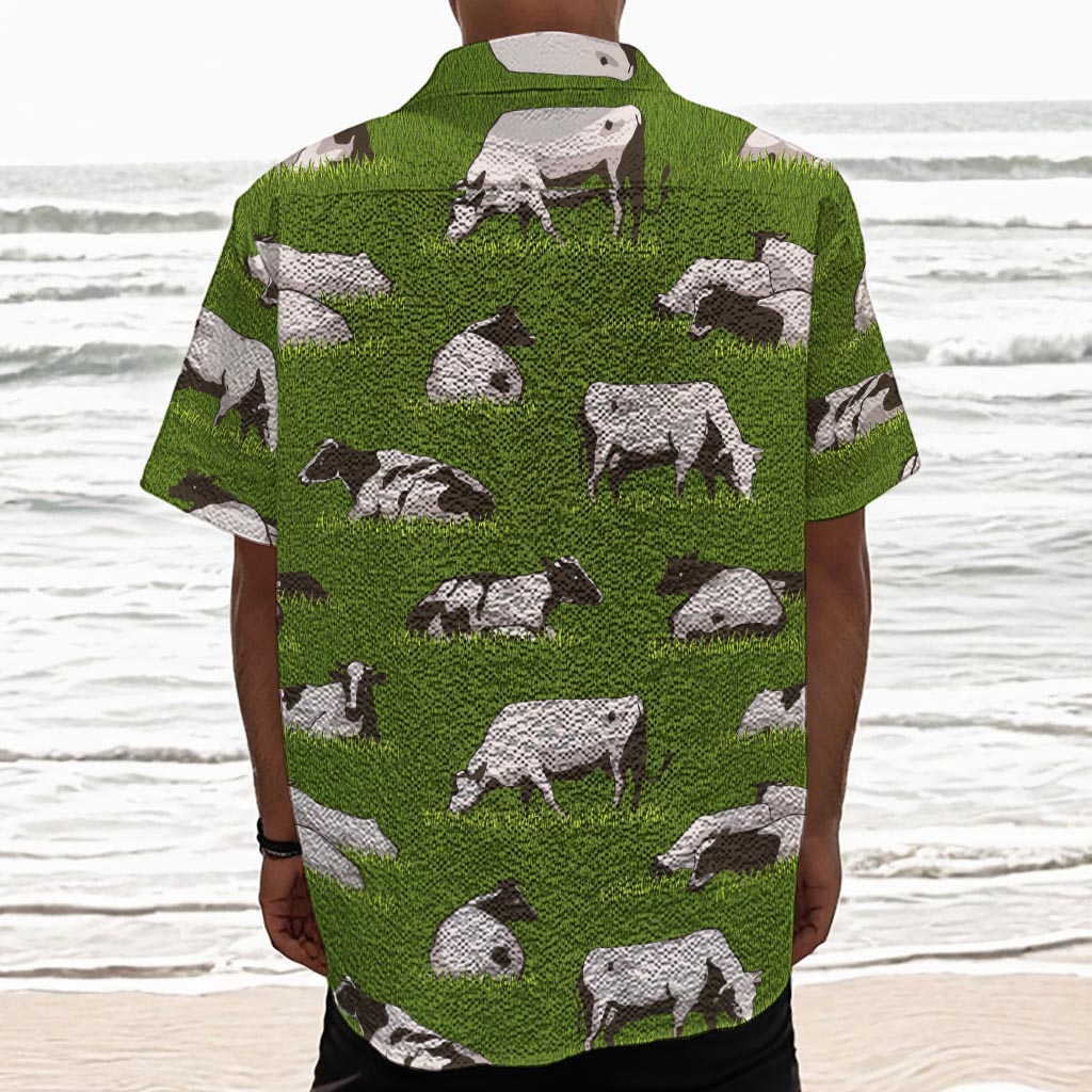 Cow On Green Grass Pattern Print Textured Short Sleeve Shirt