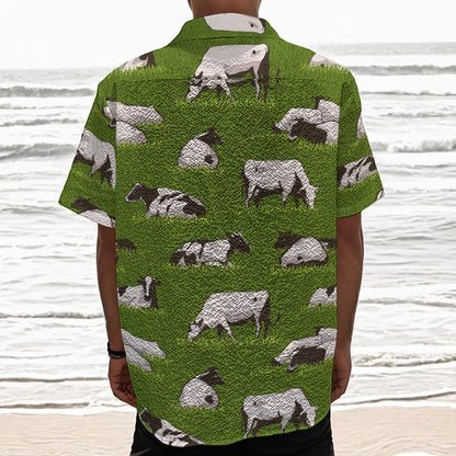 Cow On Green Grass Pattern Print Textured Short Sleeve Shirt