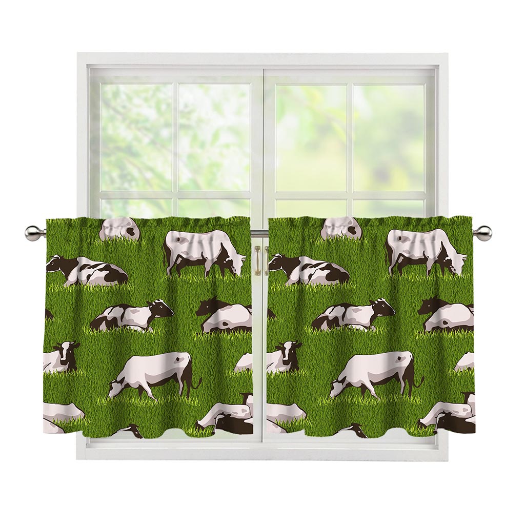 Cow On Green Grass Pattern Print Tier Curtains