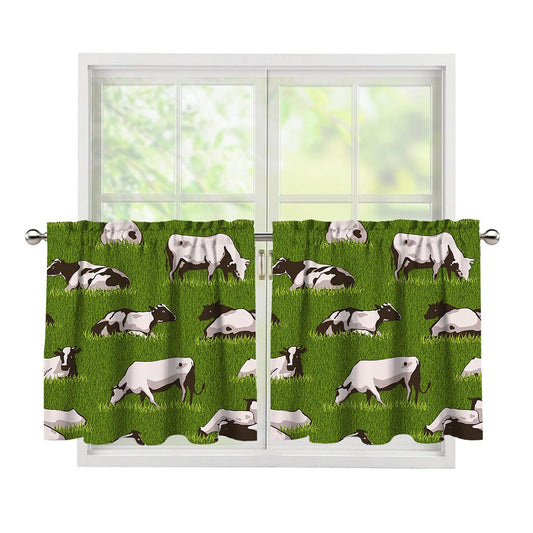 Cow On Green Grass Pattern Print Tier Curtains