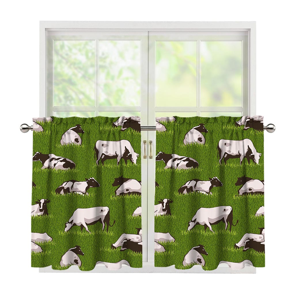 Cow On Green Grass Pattern Print Tier Curtains