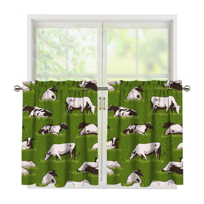 Cow On Green Grass Pattern Print Tier Curtains