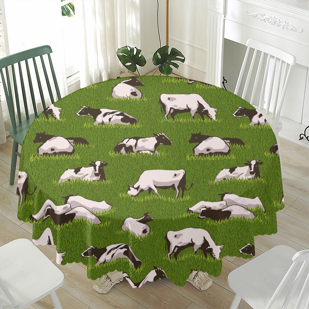 Cow On Green Grass Pattern Print Waterproof Round Tablecloth