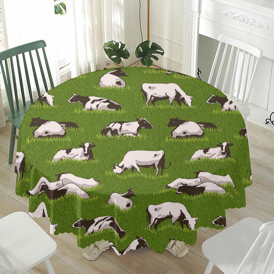 Cow On Green Grass Pattern Print Waterproof Round Tablecloth
