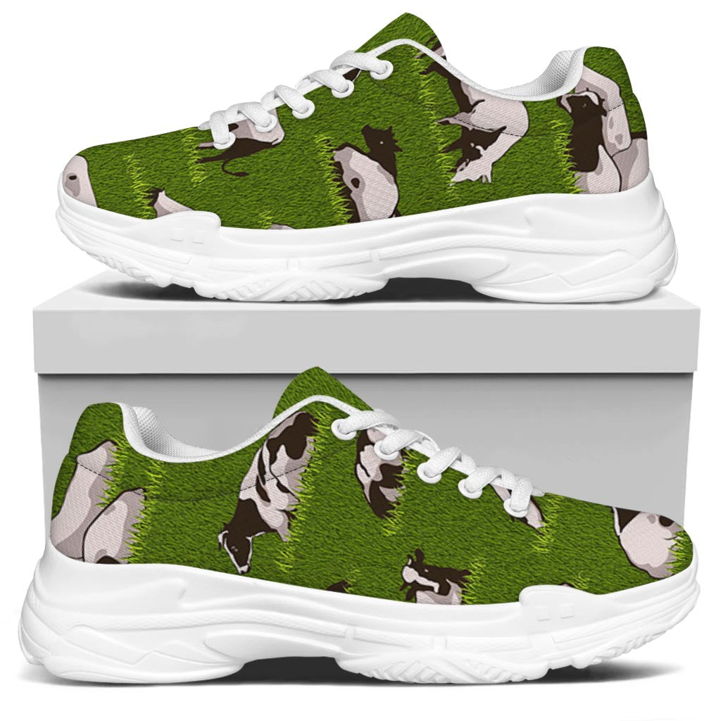 Cow On Green Grass Pattern Print White Chunky Shoes