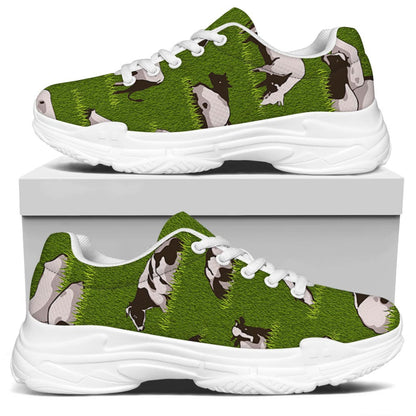 Cow On Green Grass Pattern Print White Chunky Shoes