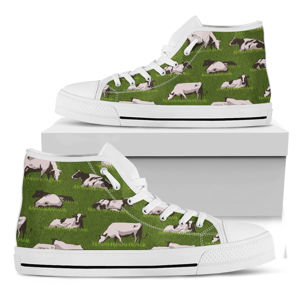 Cow On Green Grass Pattern Print White High Top Sneakers