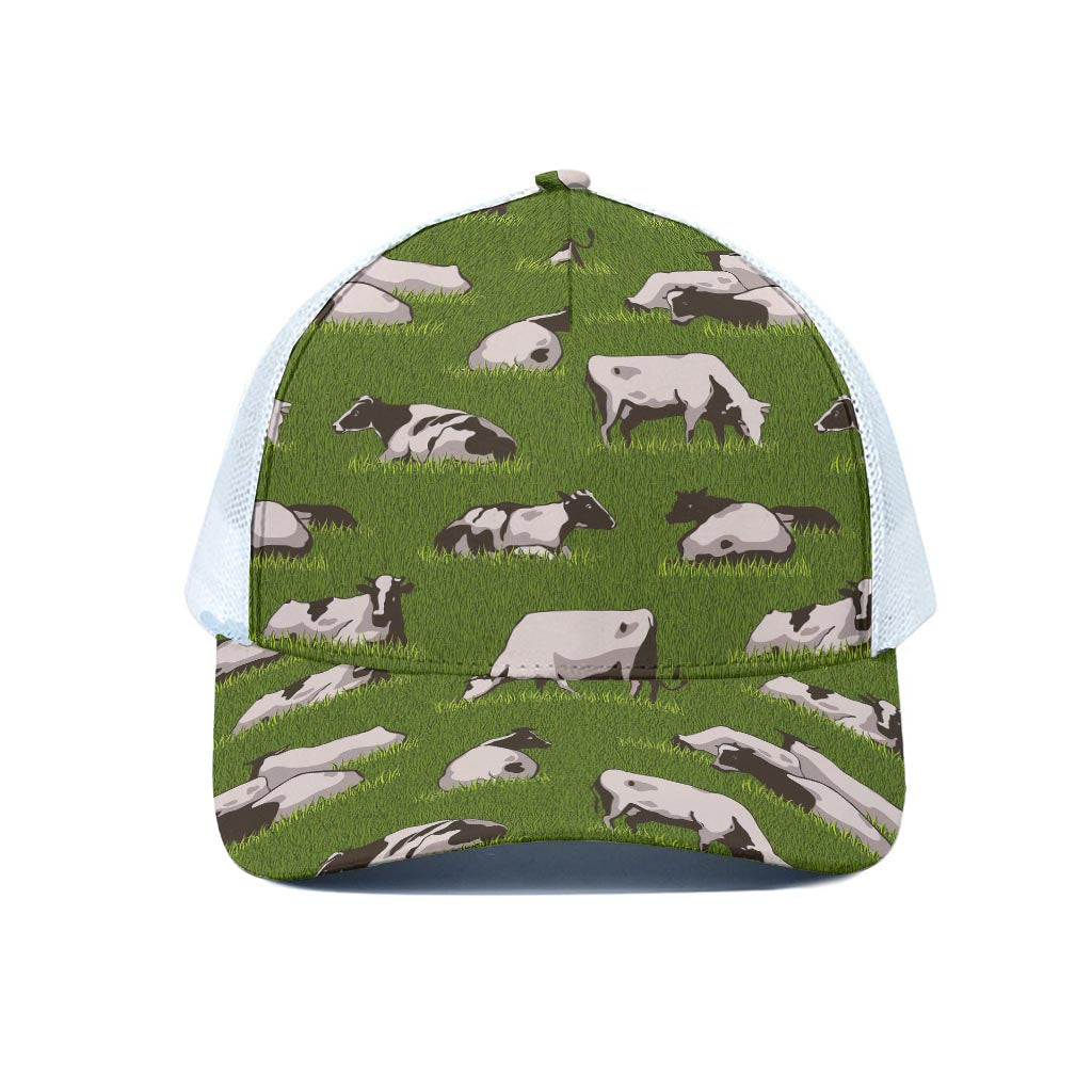Cow On Green Grass Pattern Print White Mesh Trucker Cap