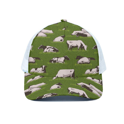Cow On Green Grass Pattern Print White Mesh Trucker Cap