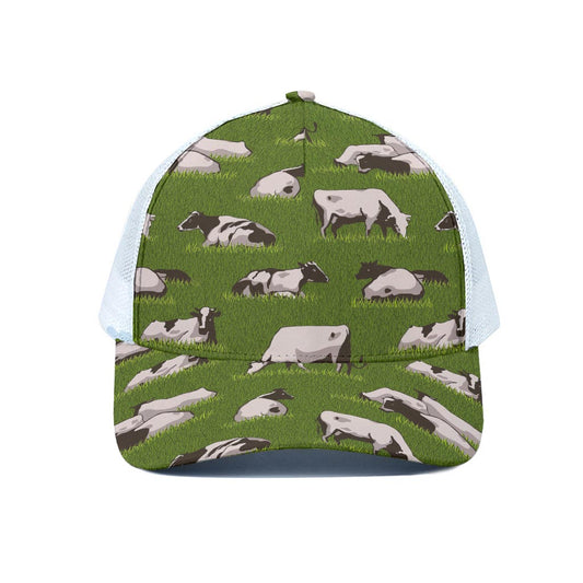 Cow On Green Grass Pattern Print White Mesh Trucker Cap