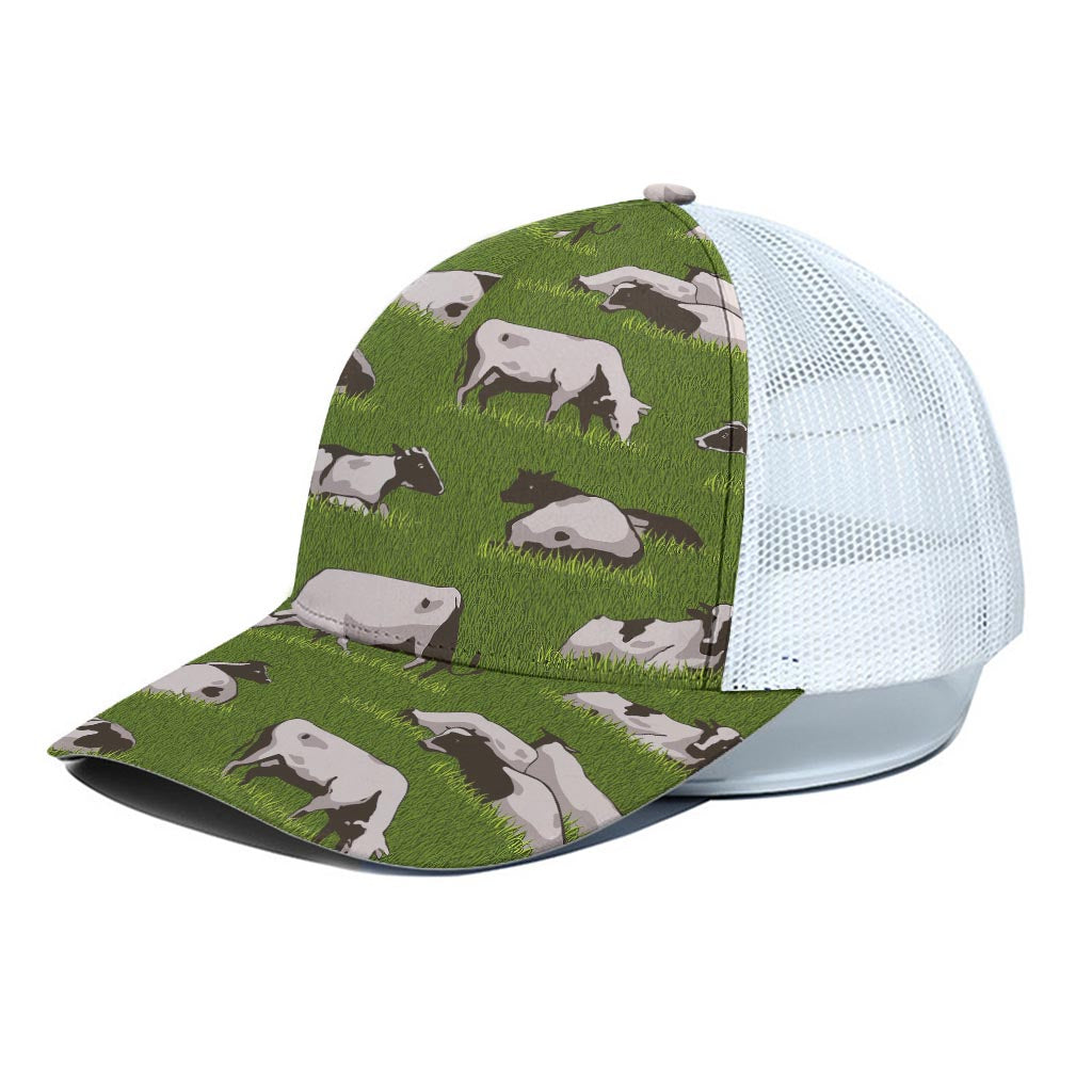 Cow On Green Grass Pattern Print White Mesh Trucker Cap