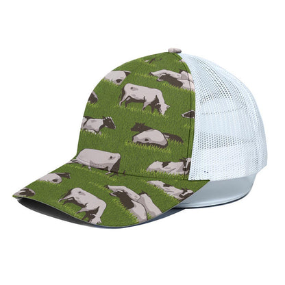 Cow On Green Grass Pattern Print White Mesh Trucker Cap