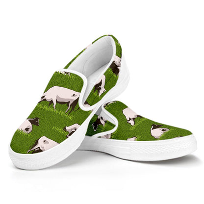 Cow On Green Grass Pattern Print White Slip On Sneakers