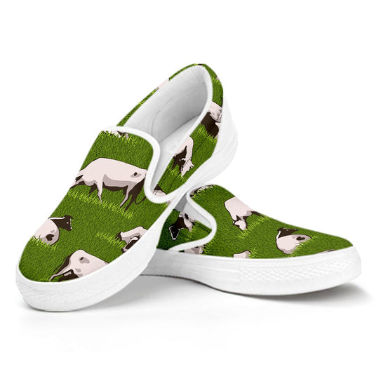 Cow On Green Grass Pattern Print White Slip On Sneakers