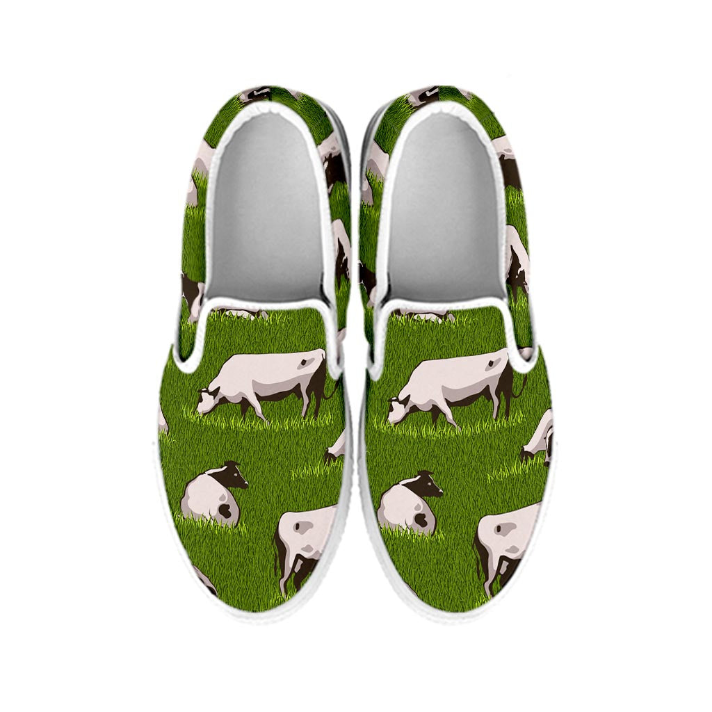Cow On Green Grass Pattern Print White Slip On Sneakers