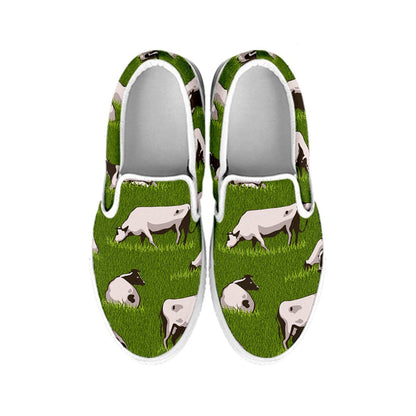 Cow On Green Grass Pattern Print White Slip On Sneakers