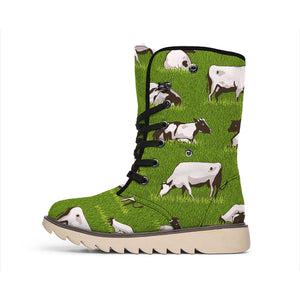 Cow On Green Grass Pattern Print Winter Boots