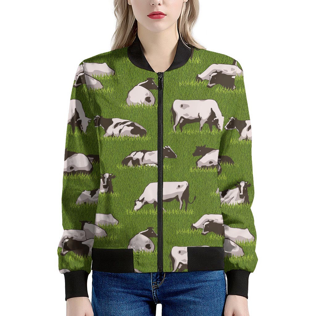 Cow On Green Grass Pattern Print Women's Bomber Jacket