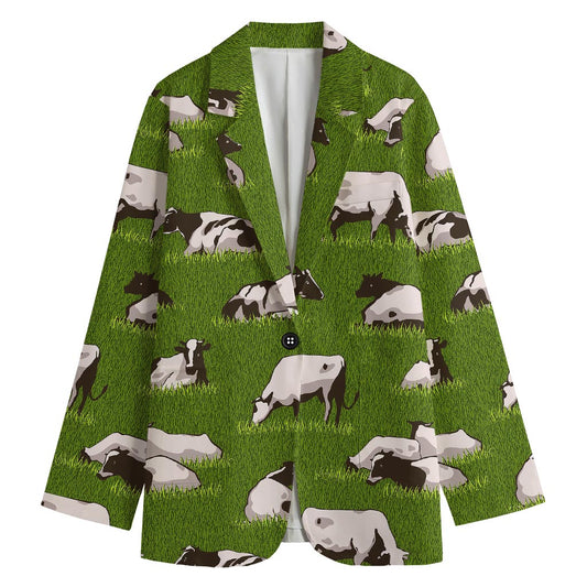 Cow On Green Grass Pattern Print Women's Cotton Blazer