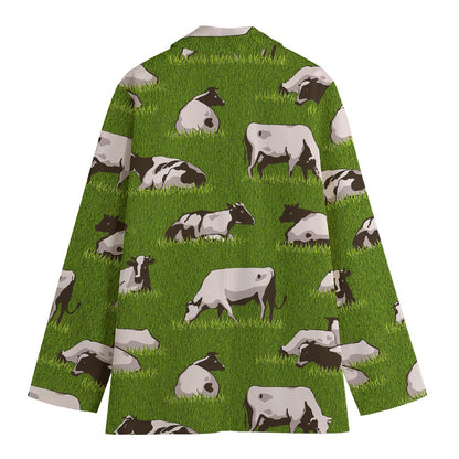 Cow On Green Grass Pattern Print Women's Cotton Blazer